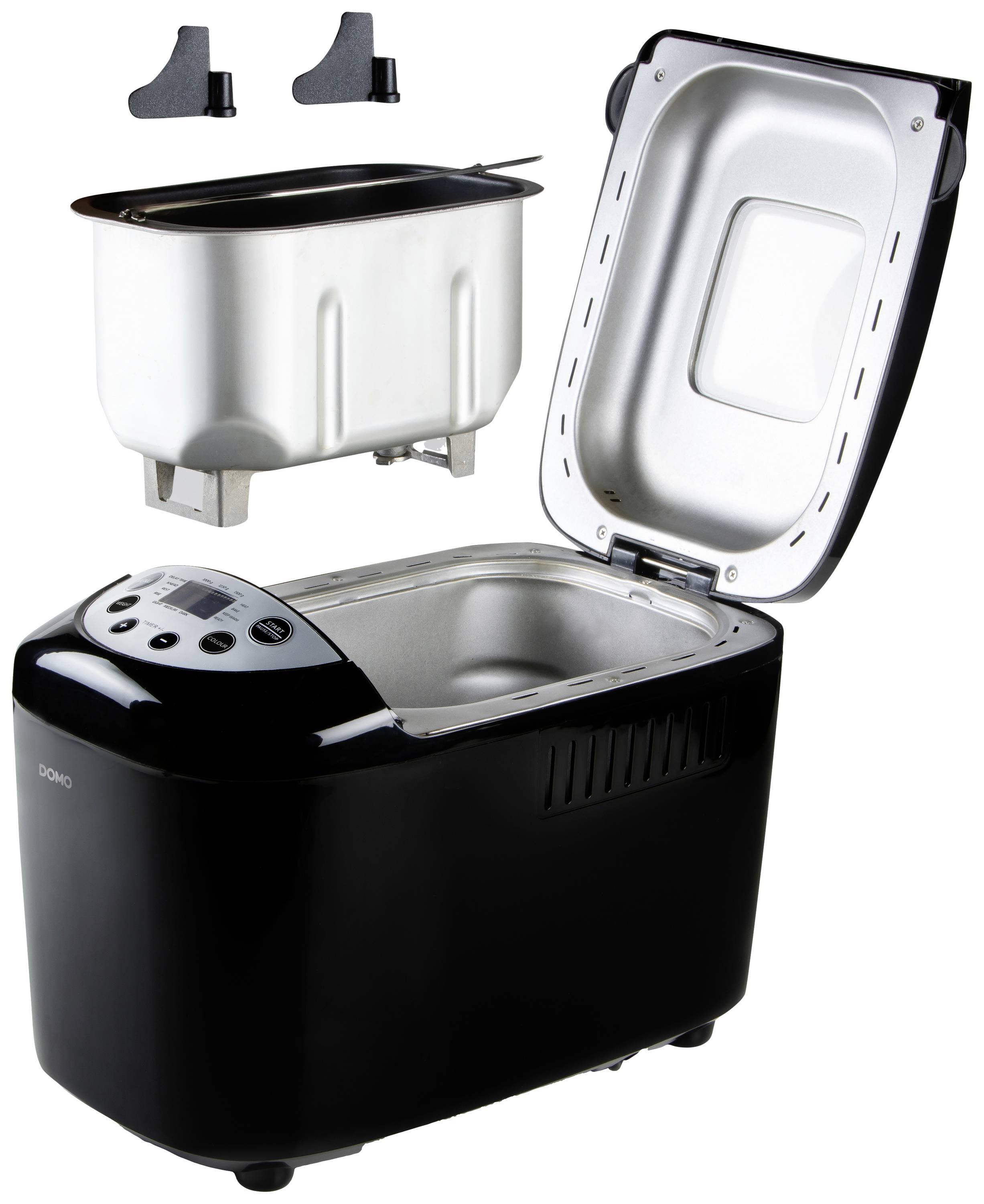 A black bread maker with its lid open. Beside the appliance are a removable baking pan and two kneading hooks.