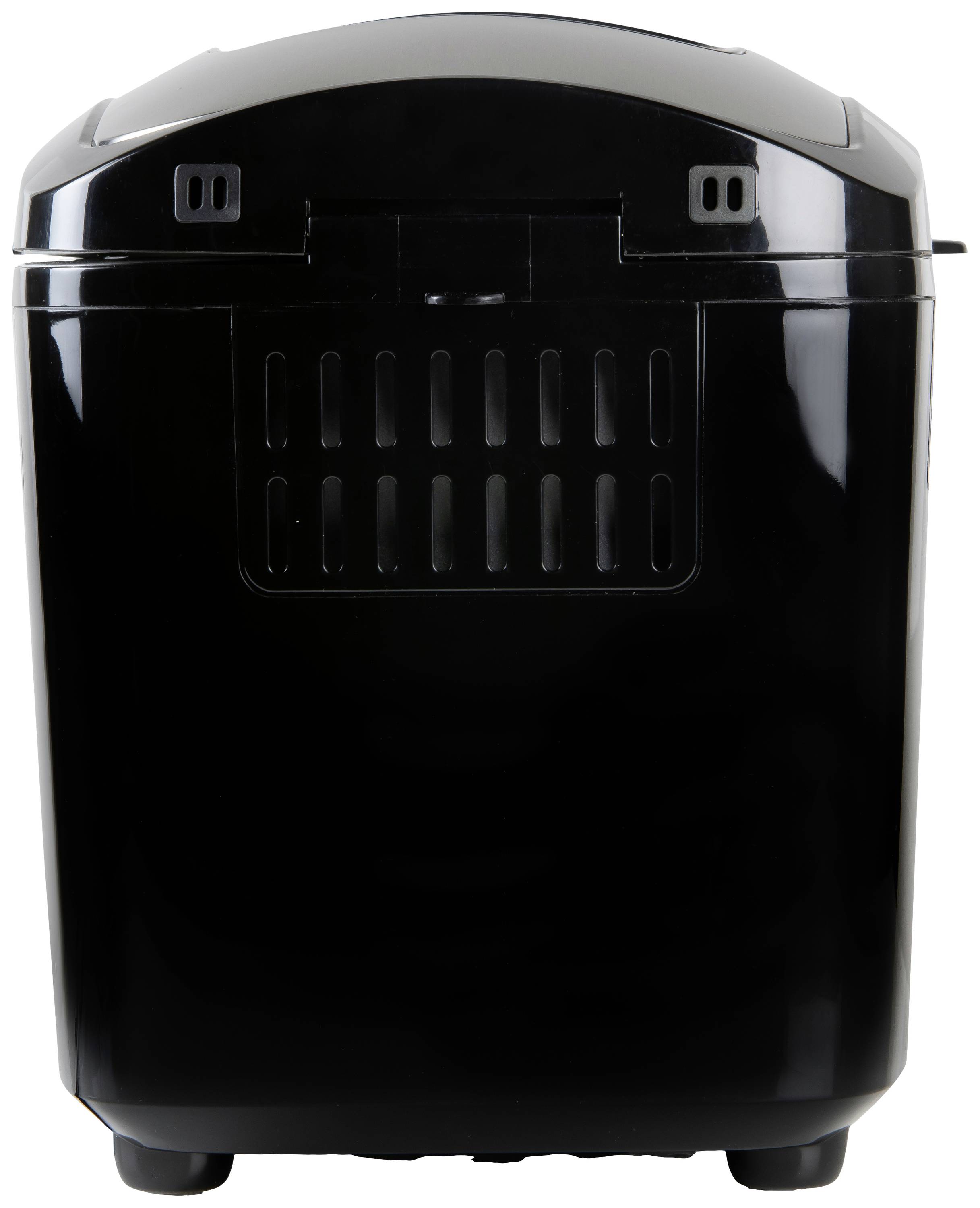 Black bread maker. Glossy surface, ventilation slots on both sides.