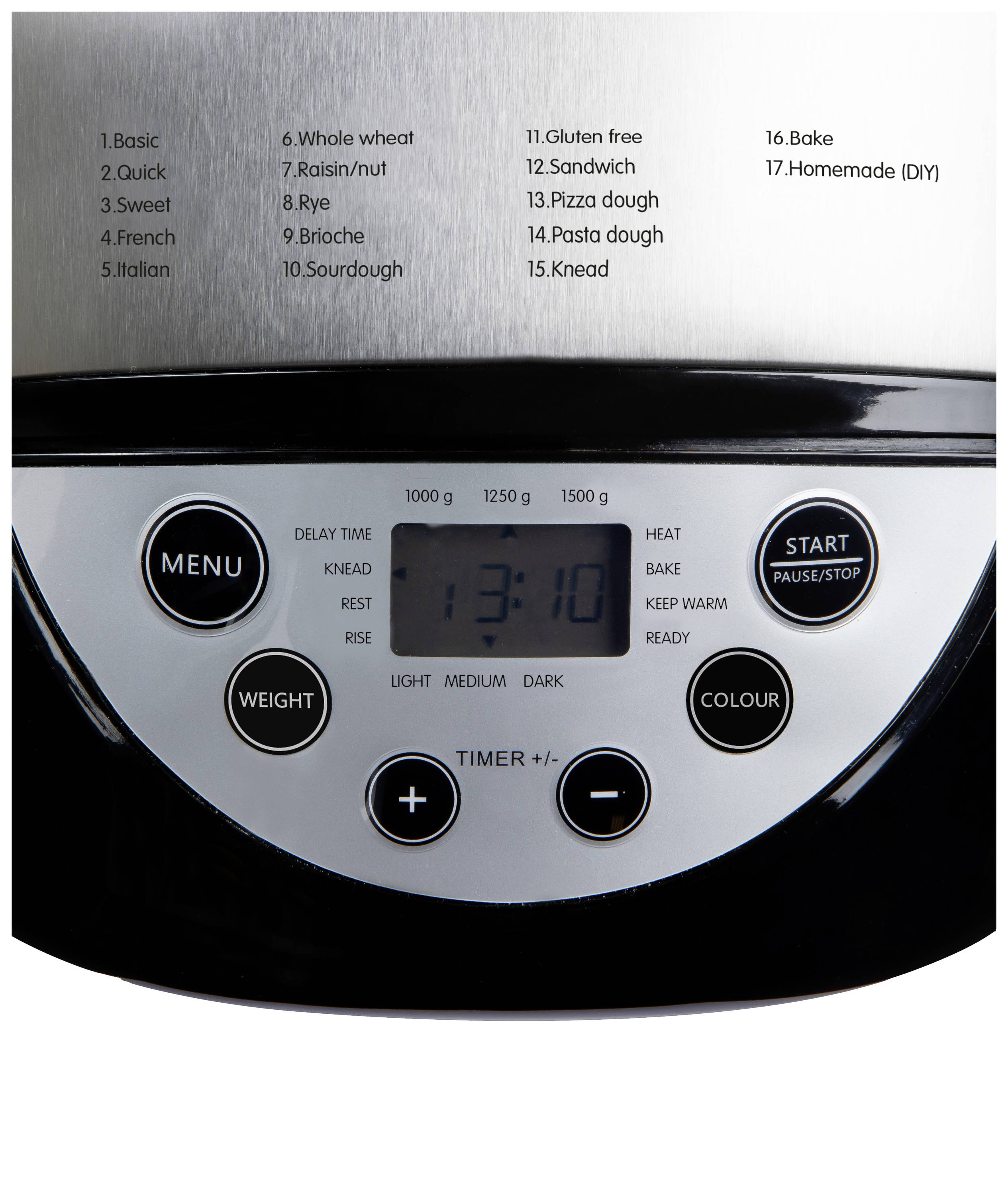 A digital bread machine with a display showing the time as 13:10. Menu and settings buttons located on the left and right sides.