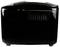 Black bread maker with rounded casing, ventilation slots and flat lid, side view.