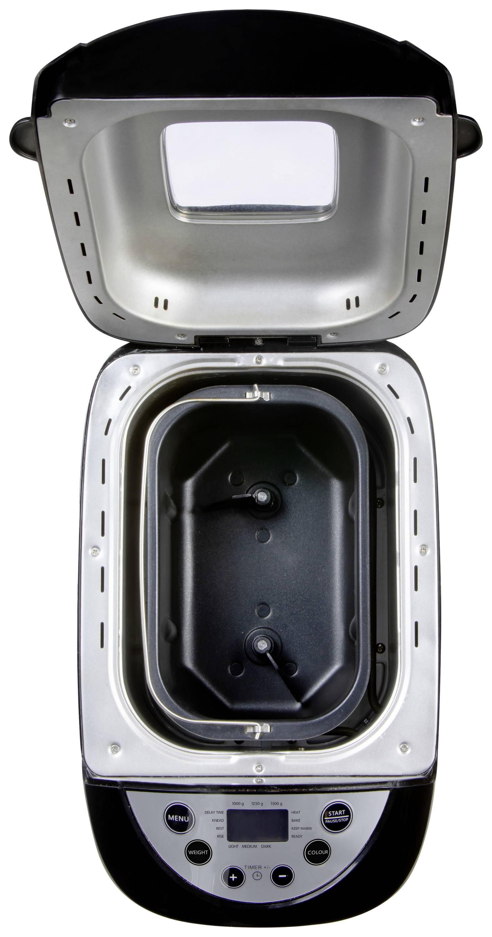 An open bread maker with a visible baking chamber and control panel on the front.