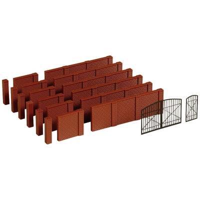 A set of red brick walls in various sizes and two black metal gates, arranged in parallel rows.