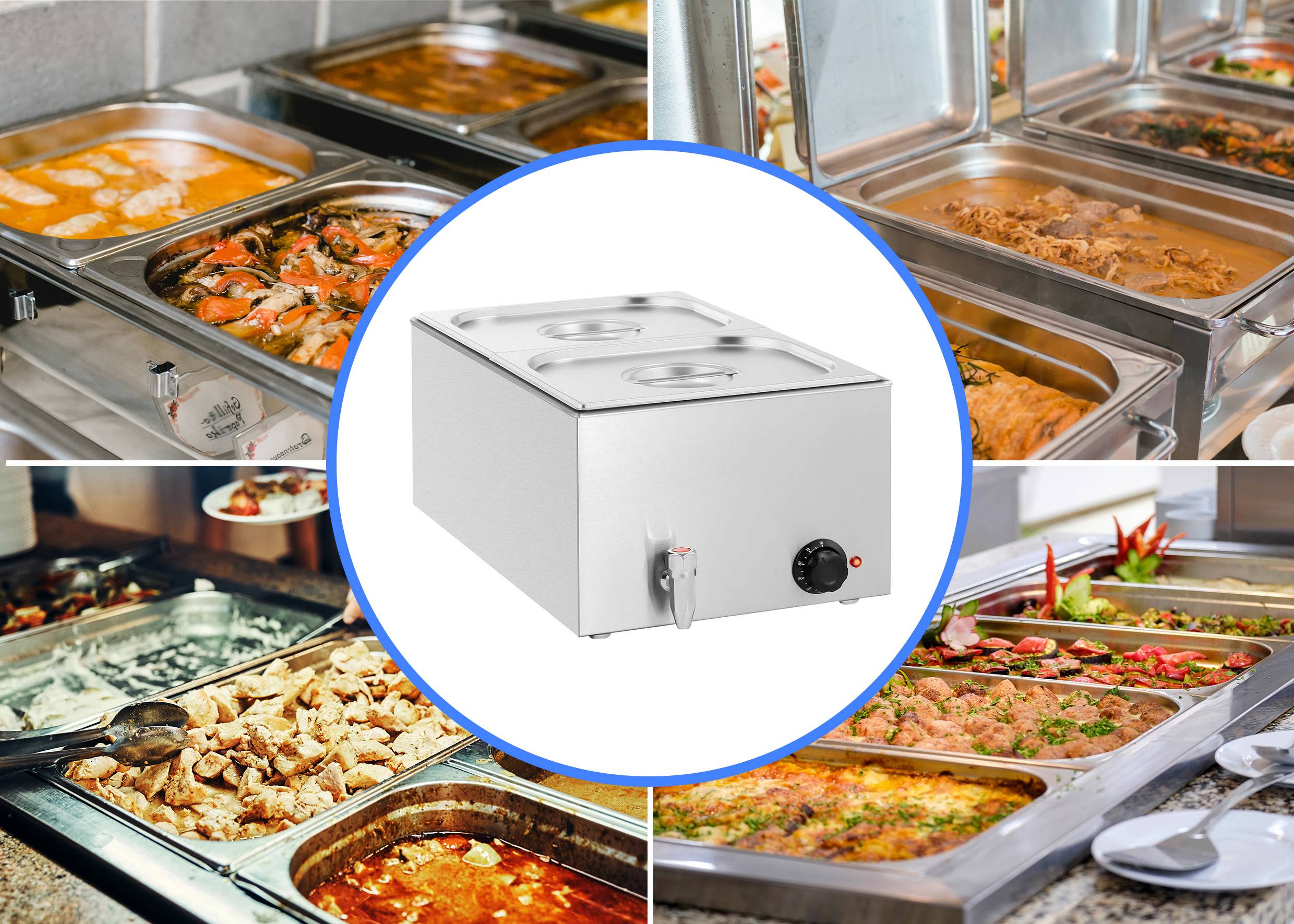 Buffet with various hot dishes including meat, vegetables, and sauces. In the central image, an electric food warmer.