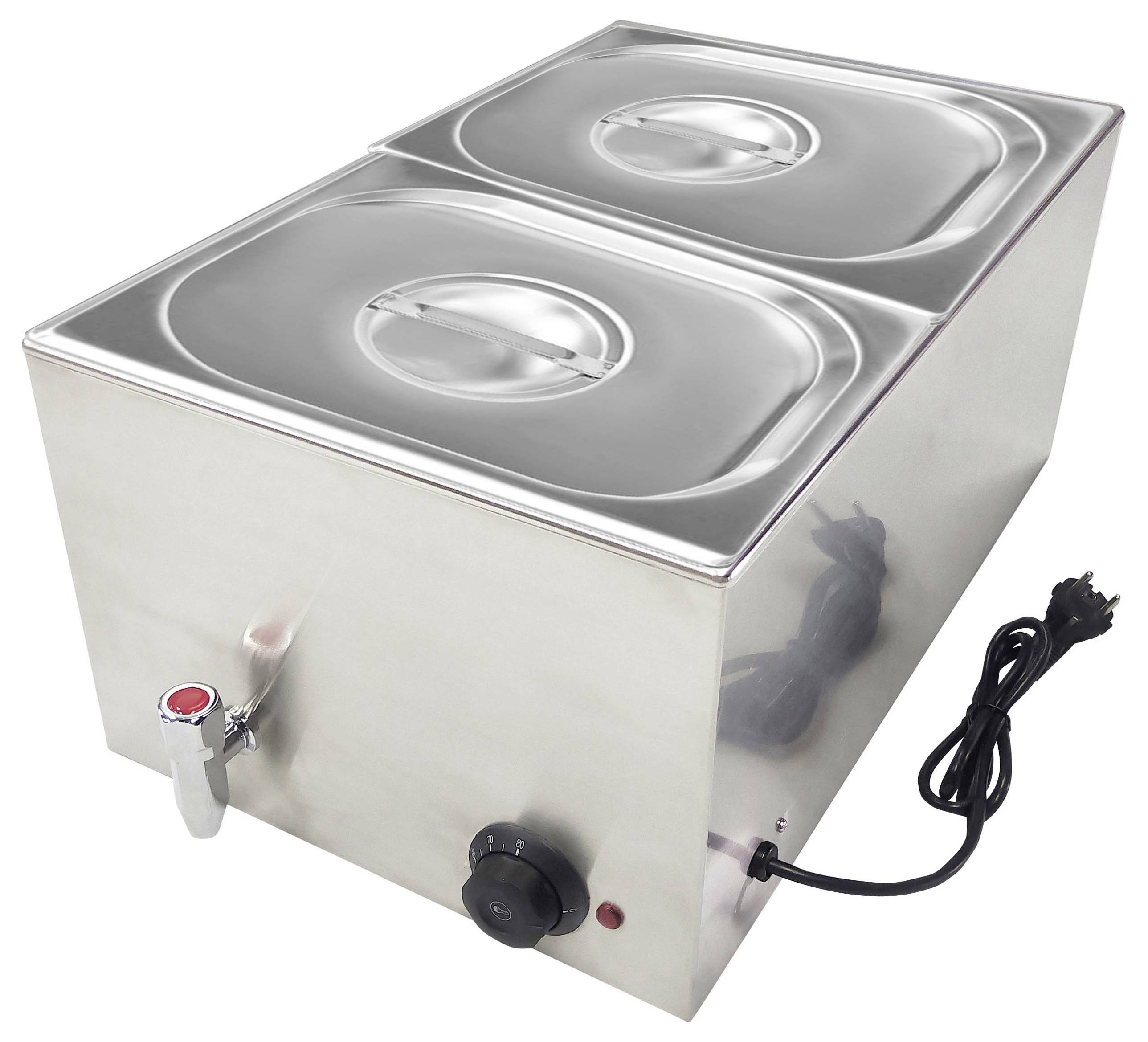 A double stainless steel water bath with lids, temperature adjustment rotary knob and a side water tap. Mains lead connected.