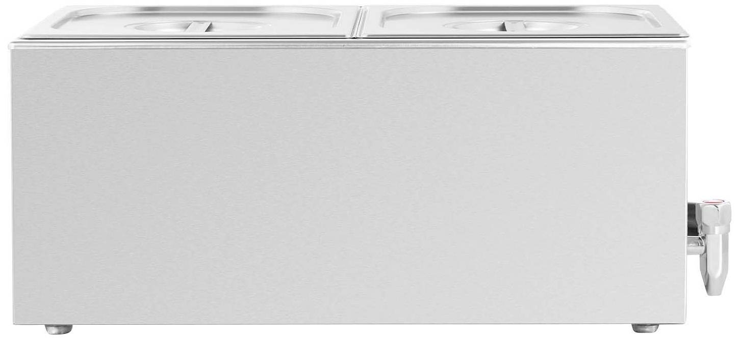 A rectangular, silver stainless steel container with two sealed lids, presumably a food warmer.