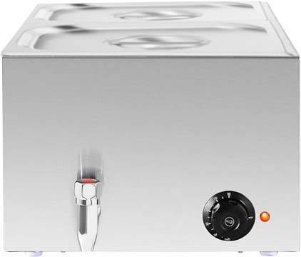 Silver kettle or hot water dispenser with a rotary knob for temperature control and a water tap.