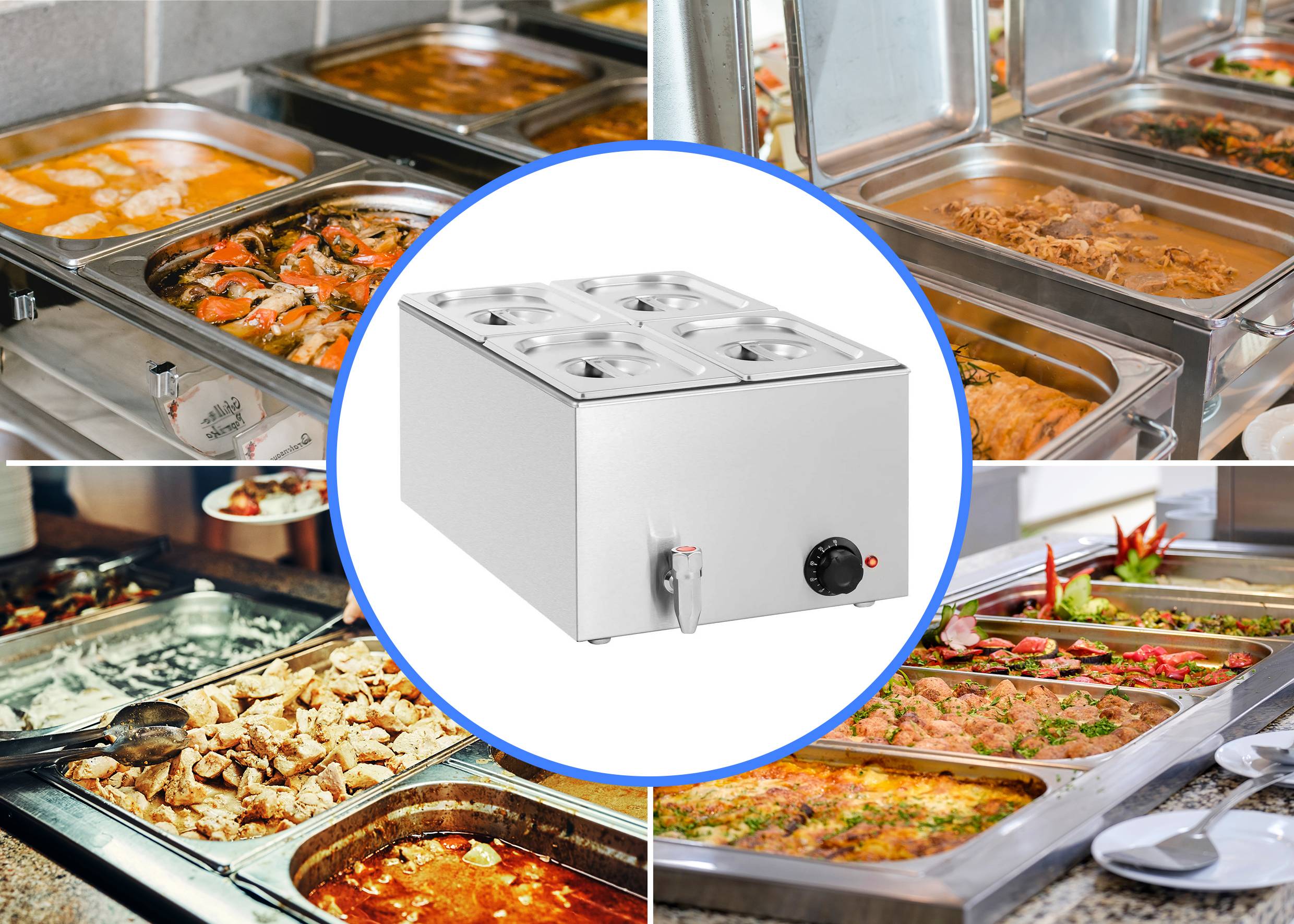 A variety of hot dishes in stainless steel bain-maries. In the centre, an electric device for keeping food warm.
