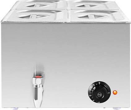 Metal Gastronorm container warmer with four compartments, a tap, and a temperature controller, ideal for food service.