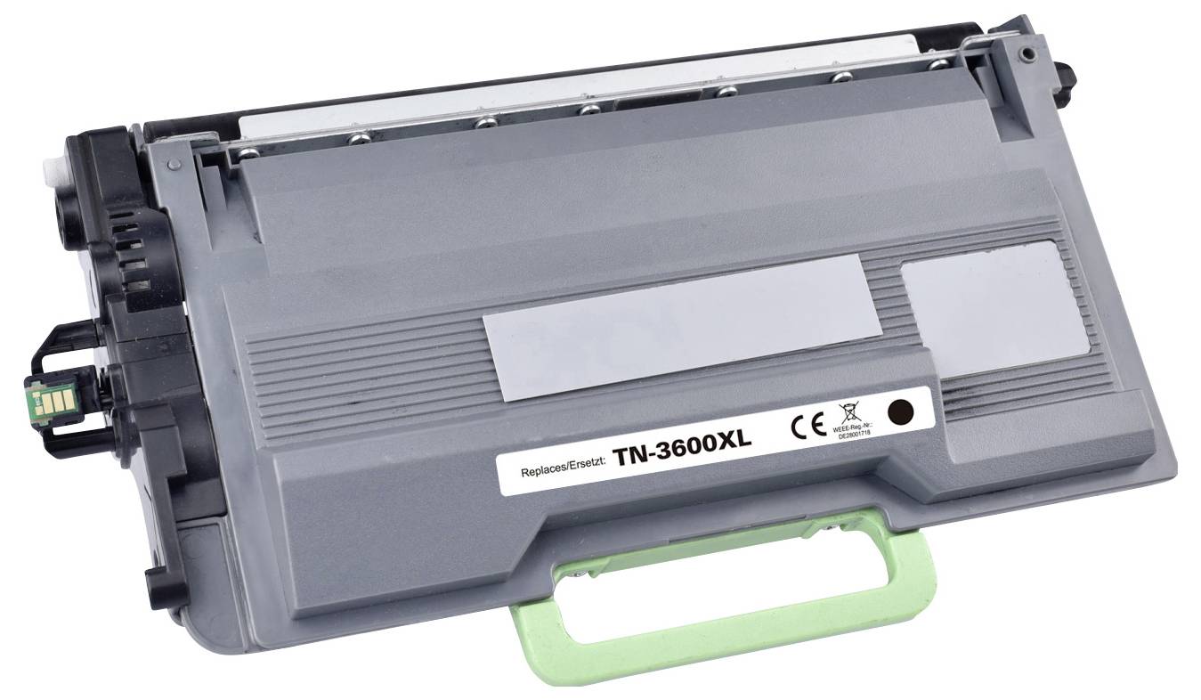 Toner cartridge for printer, model 'Replacement TN-3600XL', in grey colour with green handle.