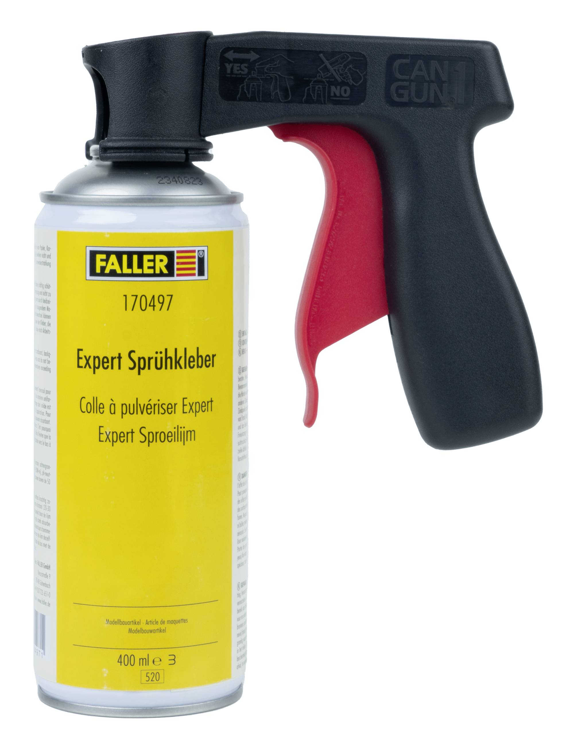 A spray gun, mounted on a can of Faller Expert spray adhesive, with a yellow label. Suitable for precise spraying.