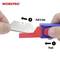 'WORKPRO' Safety Knife: One hand presses a button to slide; the other hand pulls out the blade.