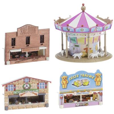 A miniature carousel along with buildings of various themes: a saloon, a shooting gallery, and a stall with the inscription 'Sweet Dreams'.