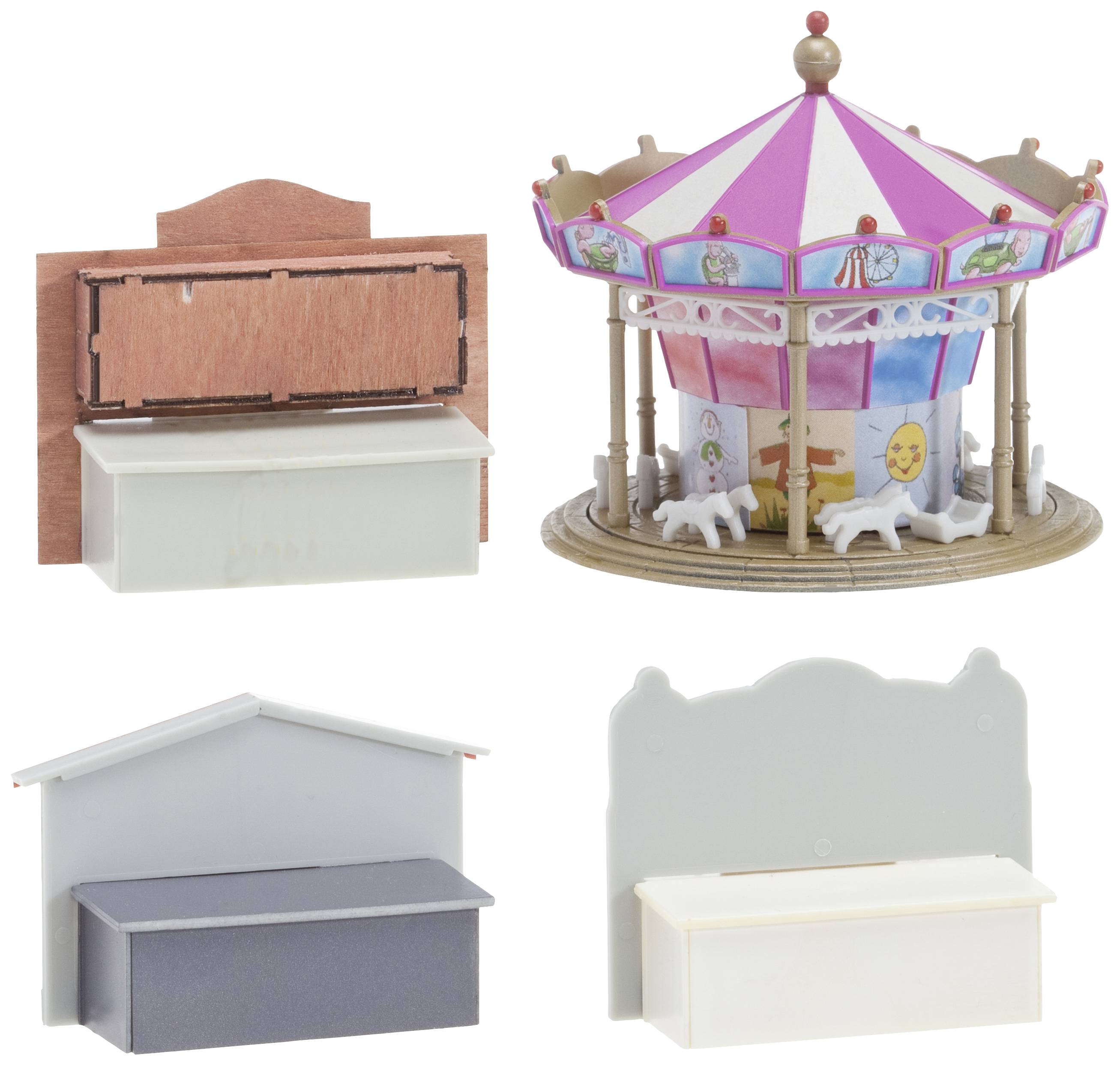 Small model of a carousel with white horses and three wooden, ornate kiosks.