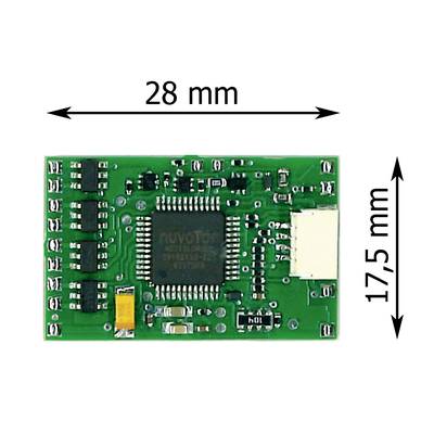 Small green microchip board, rectangular, measuring 28 mm in width and 17.5 mm in height, with visible electronic components.