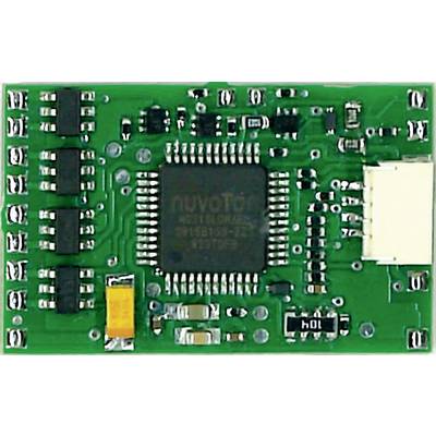 Green electronic circuit board with a central microchip, surrounded by small electronic components and silver connectors.