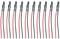 'Ten red and black isolated cables with mounted light-emitting diodes in a row.'