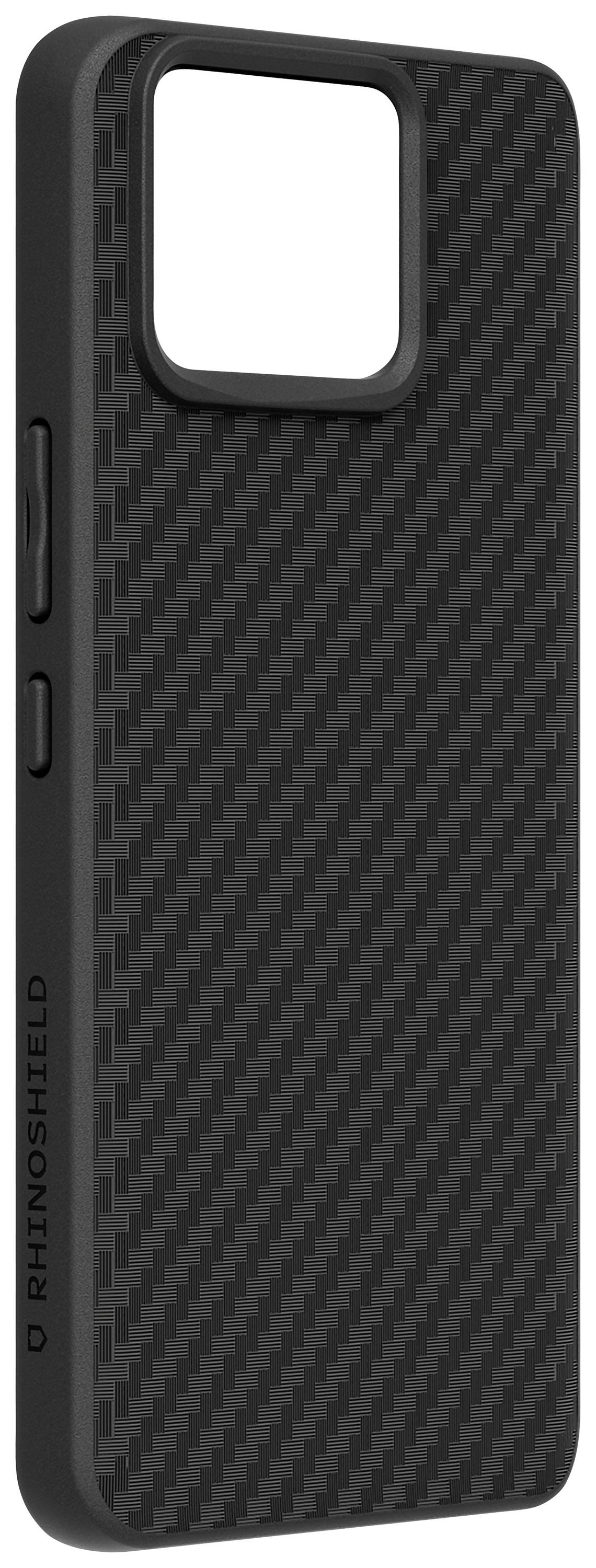 Black mobile phone case with carbon pattern and logo print on the side. Protects the back and edges of the smartphone.