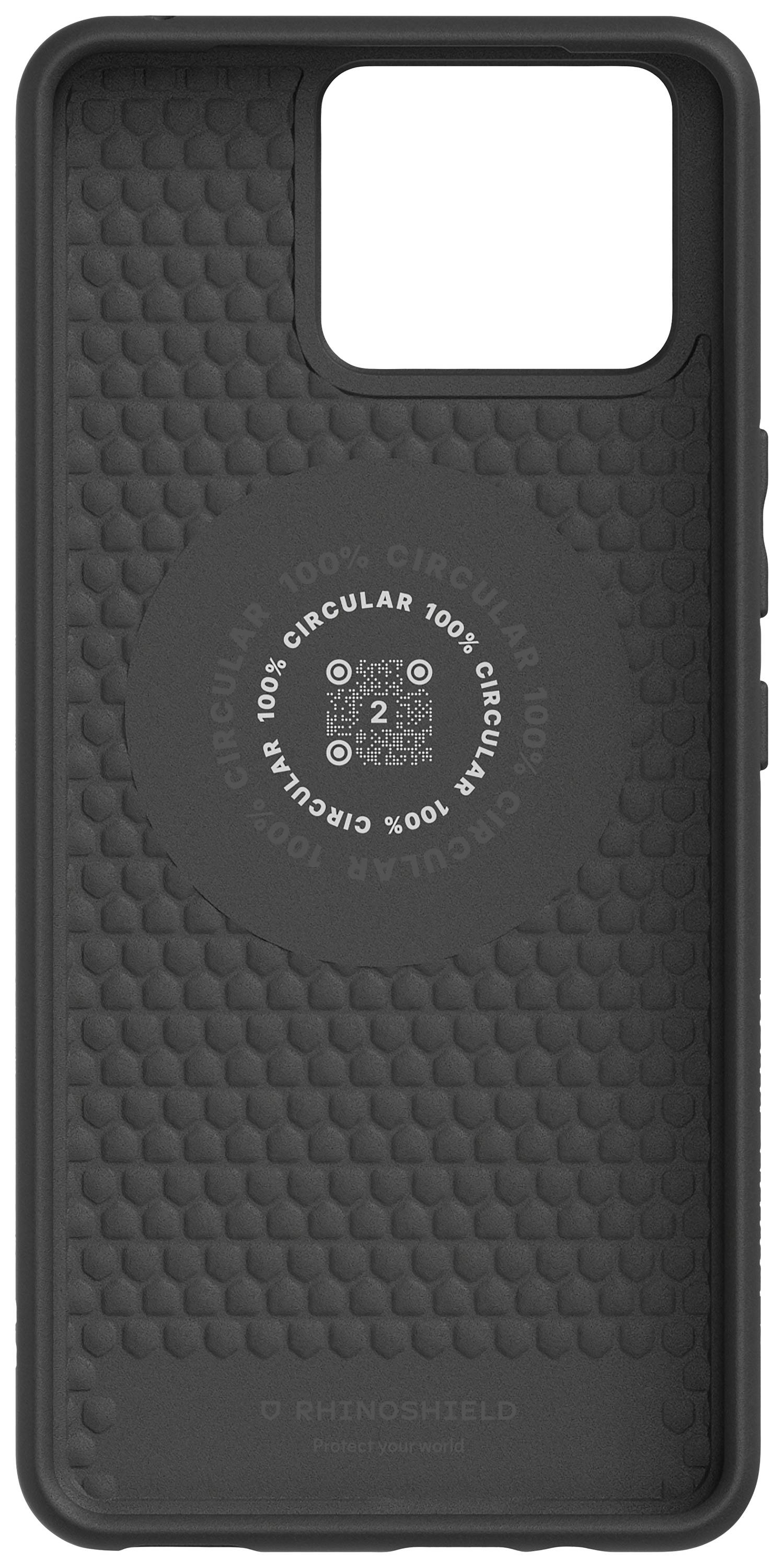Smartphone case with a hexagonal pattern and QR code in the centre.