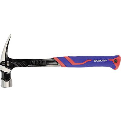 A hammer with a blue and red handle lies on its side, with the 'WORKPRO' brand visible.