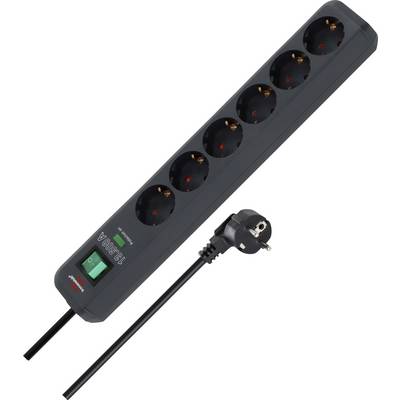 Black six-outlet power strip with illuminated on/off switch and angled European plug.