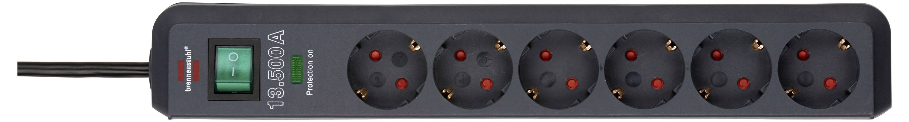 Black power strip with a green illuminated on/off switch and six round outlet sockets, shown with the cord attached on the left.