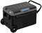 Portable Electric Cool Box with Wheels and Handle, Black and Grey, with Blue Lock, Ideal for Camping Trips.