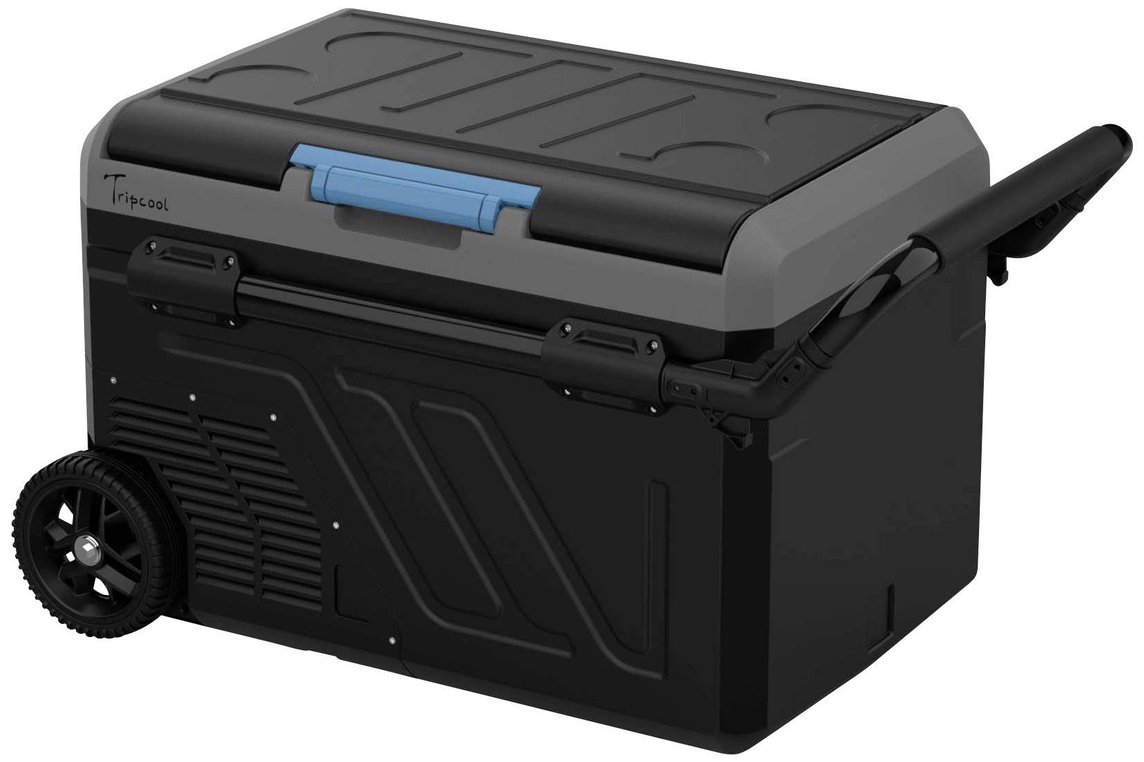 Black cool box with wheels and handle for easy transportation. Upper section grey with blue fastening.