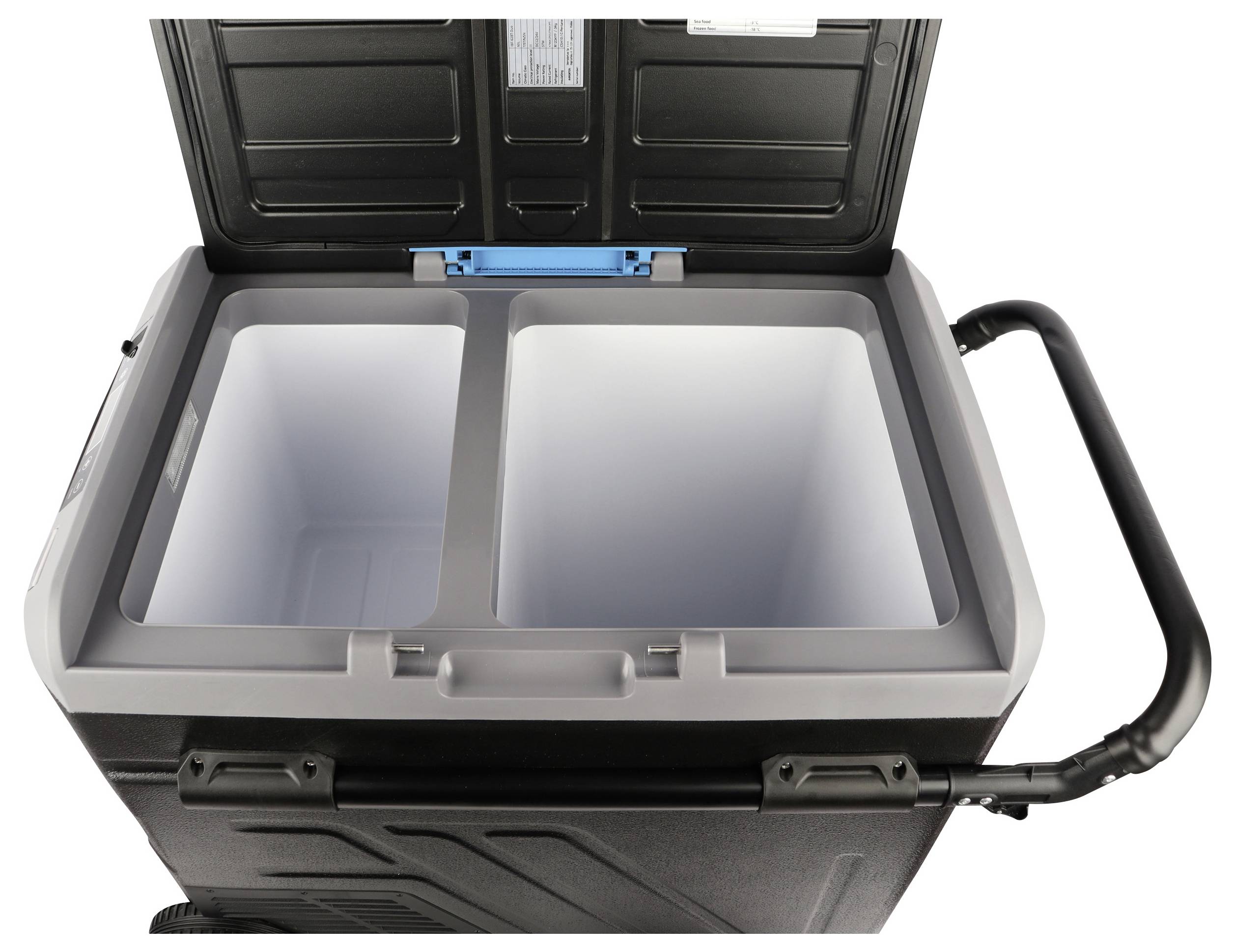 'Open portable cool box with two separate compartments and handle, perfect for picnics or camping trips.'