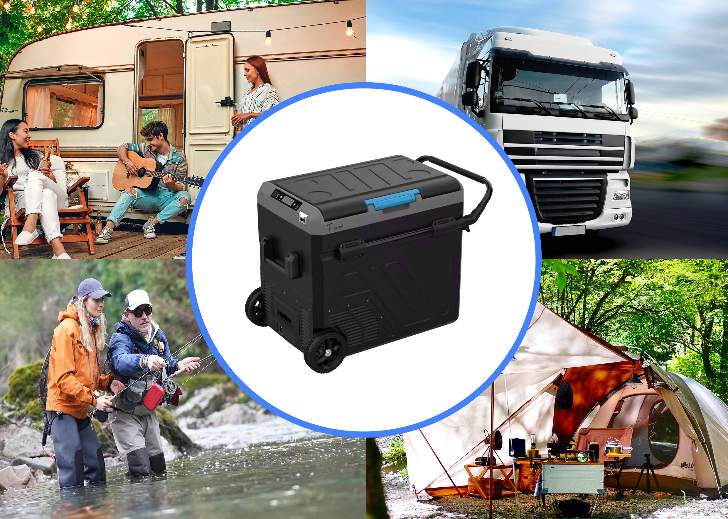 'Collage featuring a motorhome, lorry, caravan camping and fishing. At the centre, a portable cool box, mobile and usable in various environments.'