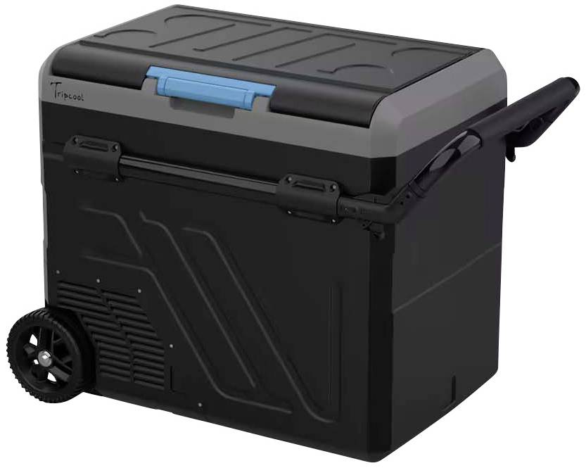 A black, portable cool box with wheels and an extendable handle, suitable for transporting chilled food and drinks.