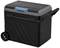 A black, portable cool box with wheels and an extendable handle, suitable for transporting chilled food and drinks.