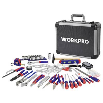 Toolbox with various hand tools, including screwdrivers, pliers, and spanners, on a white surface.