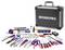 Toolbox with various hand tools, including screwdrivers, pliers, and spanners, on a white surface.