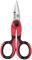 Red and black scissors with ergonomic handles and serrated blades, vertically aligned.