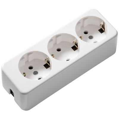 White triple socket with three round plug sockets, suitable for connecting multiple devices to a single European power outlet.