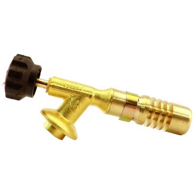A golden gas cartridge regulator with a black rotary knob.
