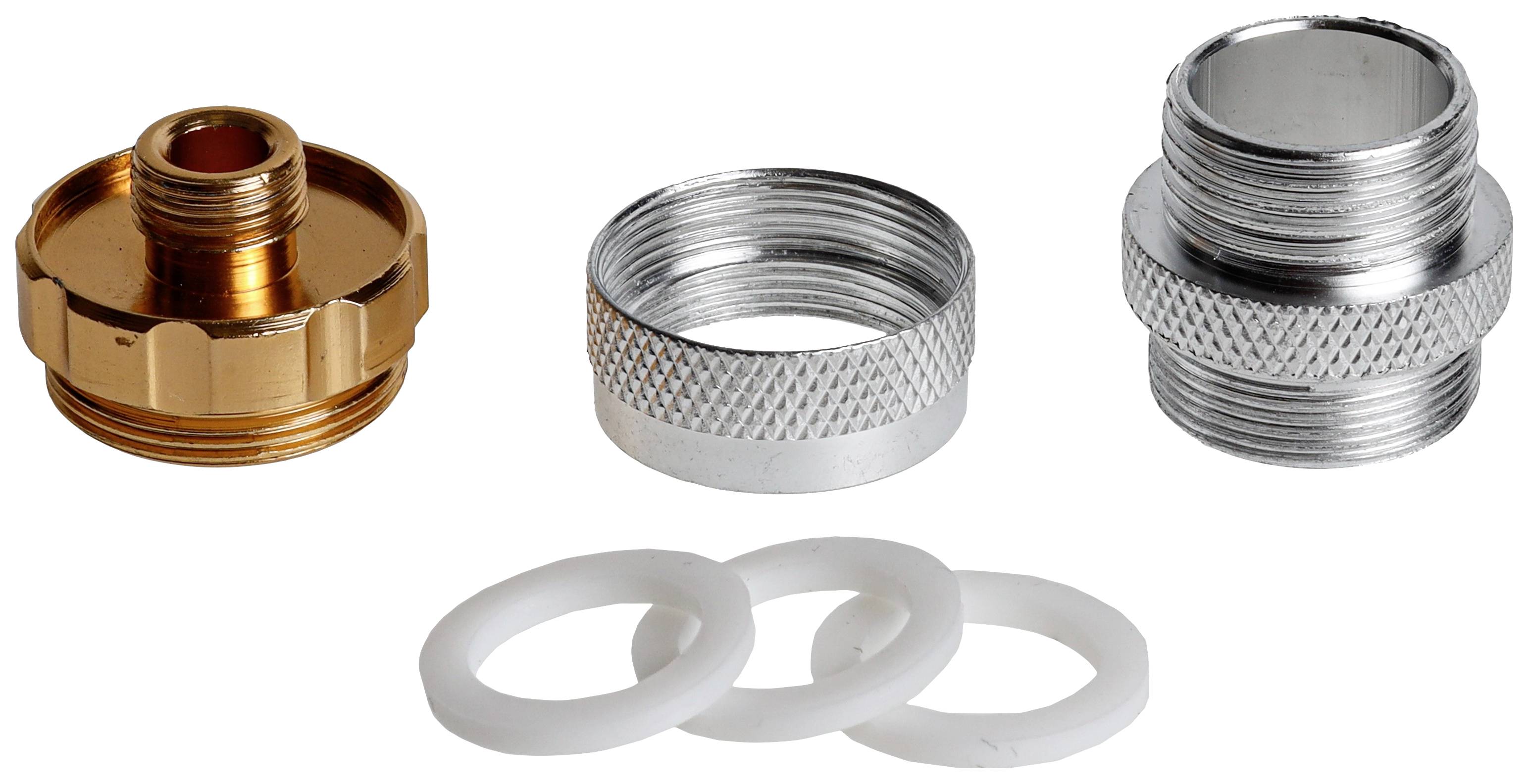 'Three hose connectors: one bronze-coloured, one silver adapter and three white sealing rings. Suitable for garden taps.'