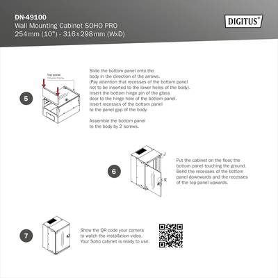 'DN-49100 Wall Mounting Cabinet SOHO PRO' Installation Guide: Mount cover and base plate, make adjustments, scan QR code for video support.