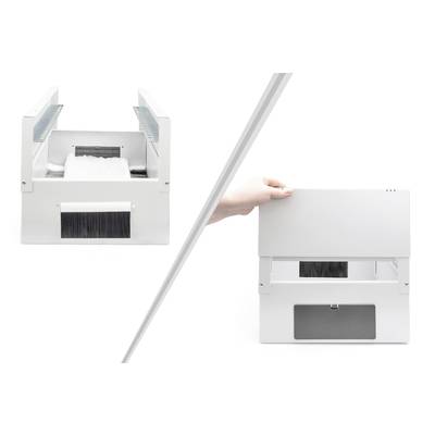 A white machine with a brush at the front. One image shows the machine from above, the other shows a hand lifting the lid.