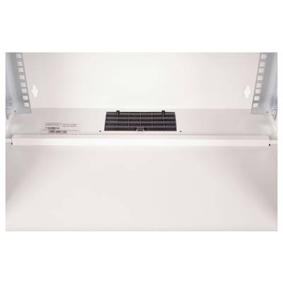 An open kitchen cupboard viewed from below, with a ventilation grille visible, showing metal shelf runners and a light source.
