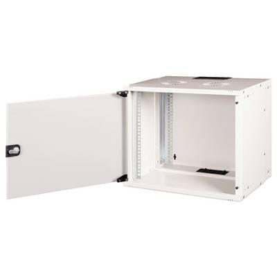 A white server rack cabinet with an open door, revealing an empty interior with mounted side rails and ventilation slots at the top.
