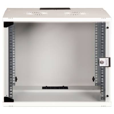 'Empty wall-mounted enclosure with door and lock, suitable for secure storage of IT equipment and network systems.'
