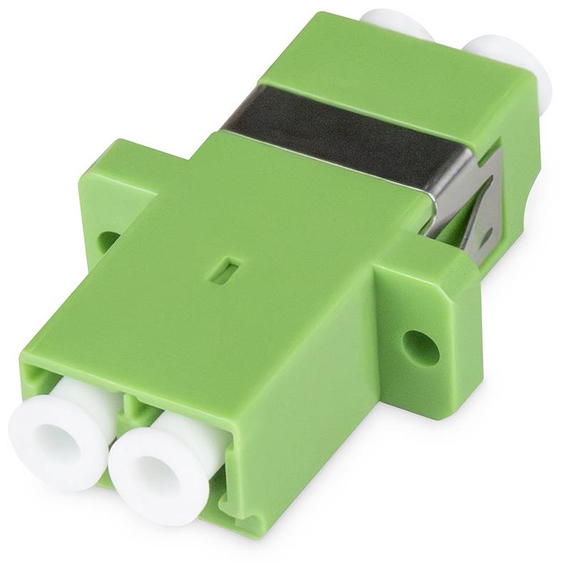 Green optical fibre adapter with two ports, suitable for connecting fibre optic cables in network installations.