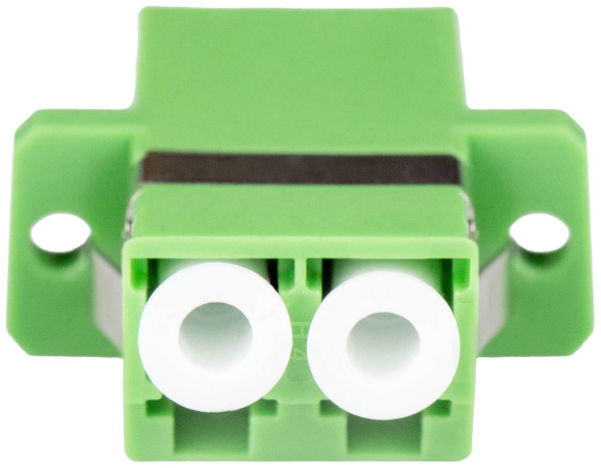 Green optical SC adapter with two ports, suitable for fibre optic connections in telecommunications applications.