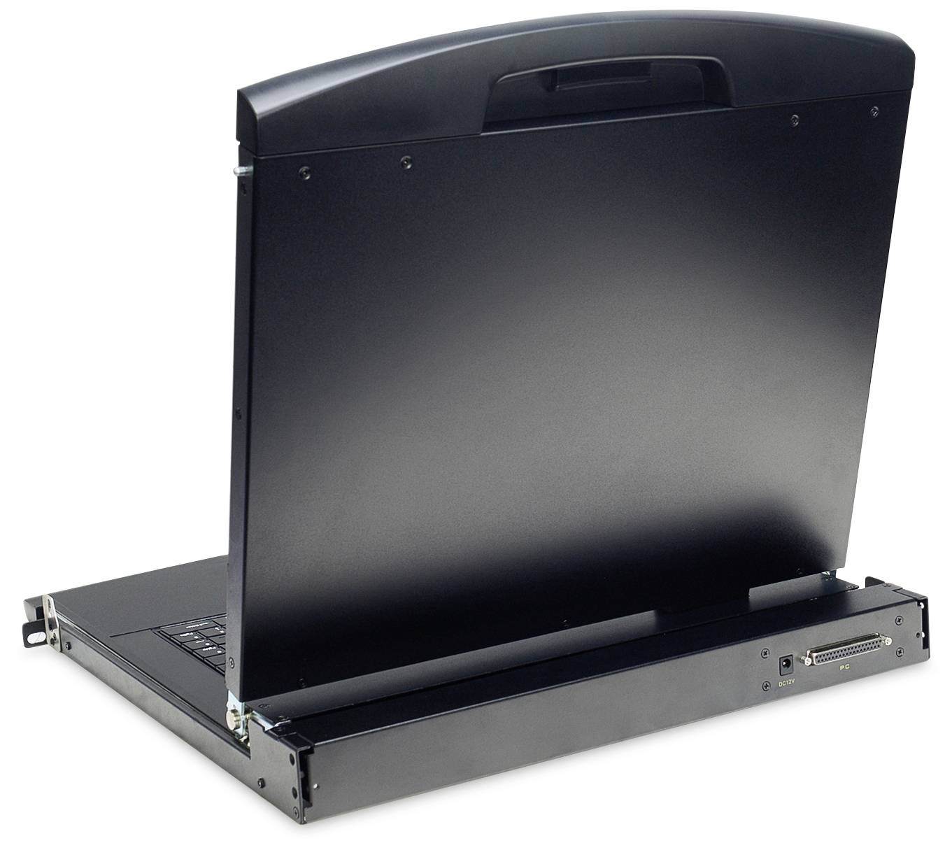 Portable rack KVM switch in an upright position, showing the rear of the screen and connection port. Specifically designed for server rooms.