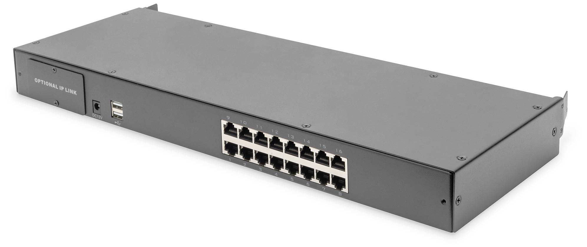 'Network switch with 16 Ethernet ports, rack-mountable. Black enclosure, compact and robust, suitable for IT and server rooms.'