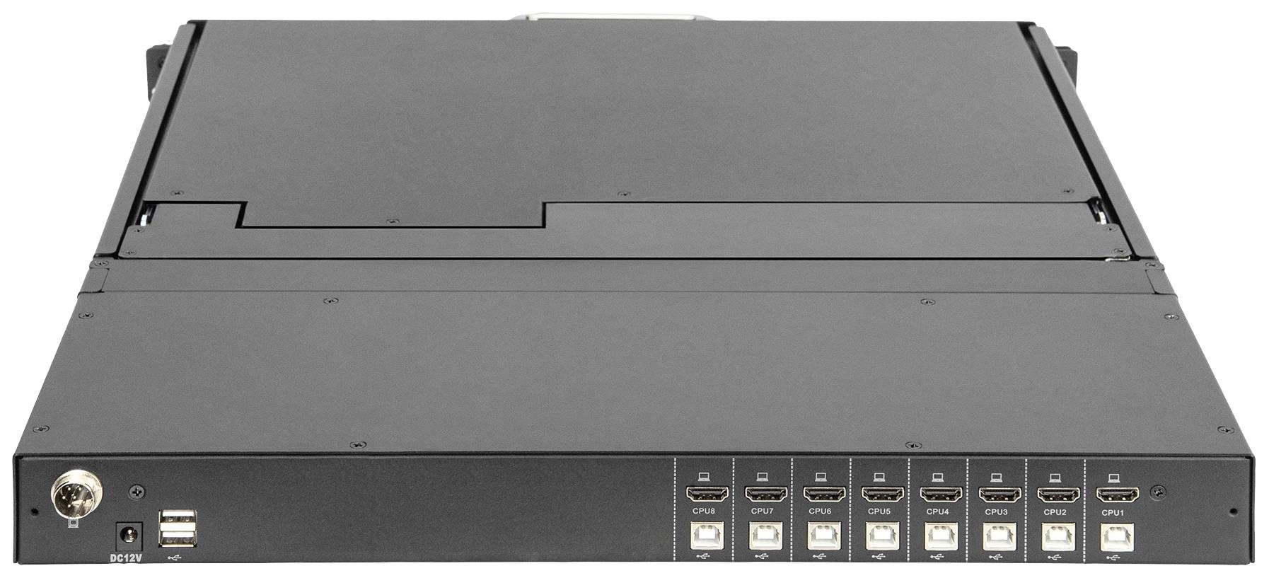 A black rackmount device with multiple HDMI and USB ports for controlling and connecting audio and video sources within a system.