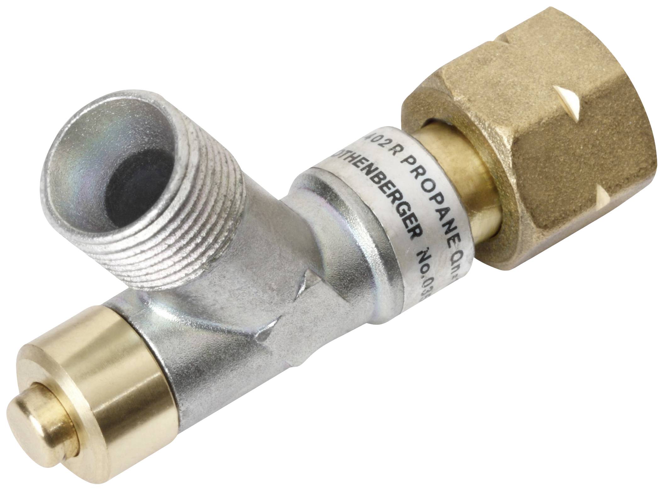 Metal ventilation adapter with thread, for connecting propane containers to hoses or fittings. Robust construction.