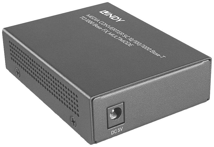 Media converter by LINDY for converting fibre optic to copper connections. Power connection visible.