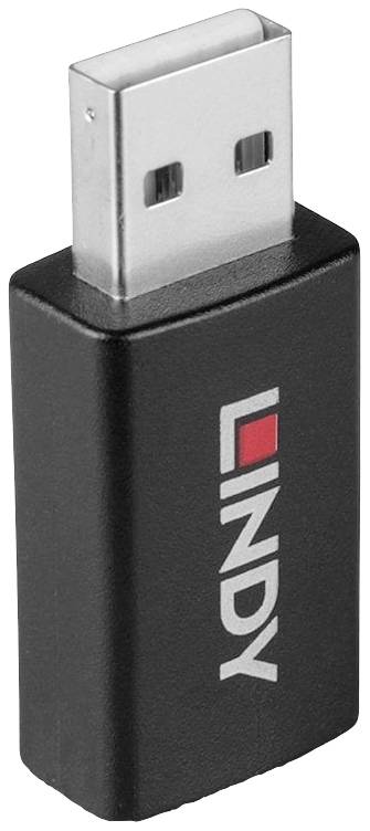 A black USB stick with 'LINDY' written in white and red on the side.